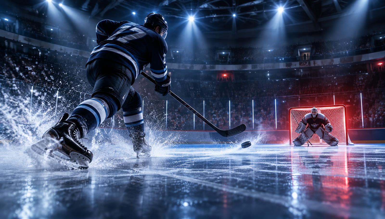 Hockey player taking a slapshot in a packed arena